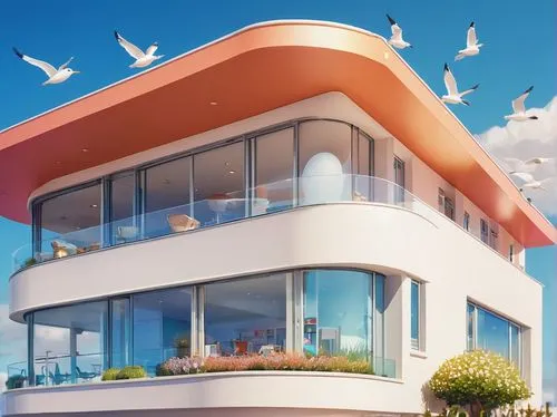 sky apartment,dreamhouse,oceanfront,balconied,block balcony,orange gull,seagulls birds,balconies,seaside resort,penthouses,seagulls flock,garrison,pigeon house,luxury property,inmobiliaria,bird tower,3d rendering,escala,house by the water,beautiful home,Illustration,Japanese style,Japanese Style 02