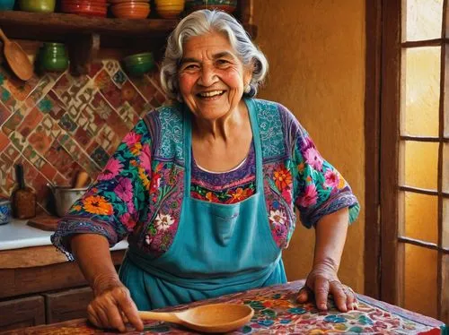 Latino granny, wrinkled face, warm smile, silver hair, curled up, colorful embroidered shawl, floral patterned dress, apron, comfortable sandals, holding wooden spoon, standing, kitchen, vibrant color