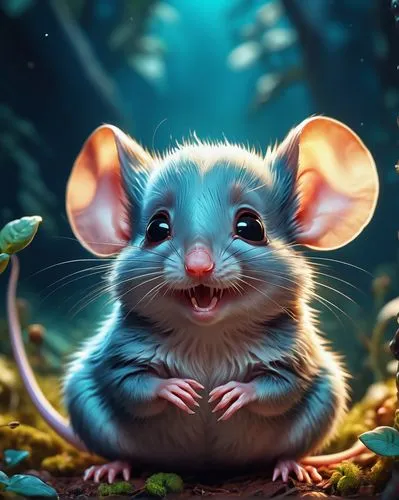 stunning image of a cute adorable happy Mouse, moody, grainy, noisy, concept art, by Alberto Seveso, Cyril Rolando, Dan Mumford, Meaningful Visual Art, Detailed Painting, Digital Illustration, Unreal 