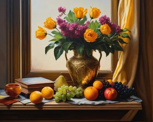 autumn still life,vase,sunflowers in vase,still life of spring,summer still-life,orange tulips,floral arrangement,oranges,orange flowers,autumn bouquet,orange roses,floral composition,tangerines,ikebana,tulip bouquet,flower vase,still life,oil painting,fruit bowl,flower arrangement,Illustration,Realistic Fantasy,Realistic Fantasy 23