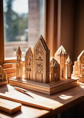 Wooden architectural model, intricately carved wooden blocks, varying shapes and sizes, natural wood grain texture, warm beige color tone, detailed joints and connections, subtle shadows, soft ambient