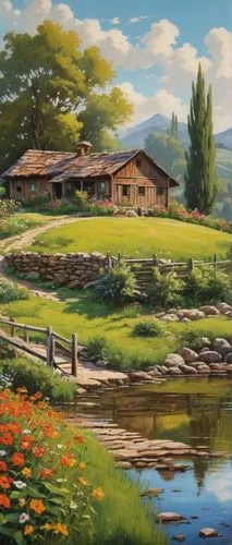 landscape background,home landscape,golf course background,meadow landscape,salt meadow landscape,rural landscape,house with lake,idyllic,golf landscape,springtime background,farm landscape,nature landscape,river landscape,golf resort,alpine landscape,summer cottage,beautiful landscape,green landscape,mountain scene,pastoral,Art,Classical Oil Painting,Classical Oil Painting 25