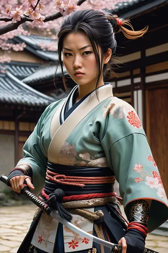 1 girl in Onna-bugeisha costume, buke-no-onna, stot in full samurai gear of the 12th century, weapons... naginata, yari spear, chains and ropes, short kaiken dagger, tanto dagger in her belt, screams,