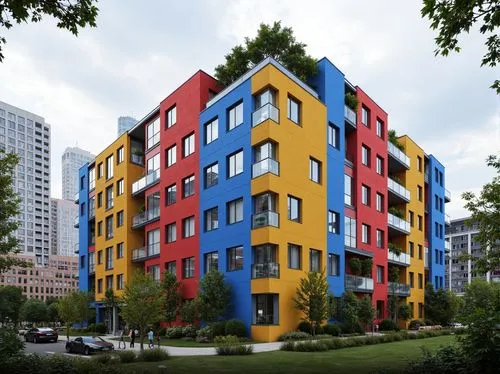 Vibrant residential facade, bold color blocking, geometric patterned walls, cantilevered balconies, irregular window arrangements, experimental materials, futuristic architecture, avant-garde design, 