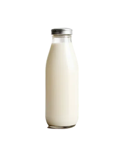 White milk bottle, transparent glass, rounded shape, silver cap, liquid dairy product, creamy texture, morning breakfast setting, soft natural light, shallow depth of field, 3/4 composition, warm colo