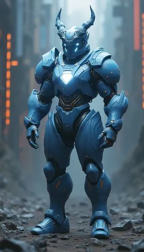 
3d realistic character of a blue-gray armored suit with white chest plate. Crown-like helmet with a powerful horn. Superhuman strength and earth-shaking stomp attacks.,a sci - fiction character in ac