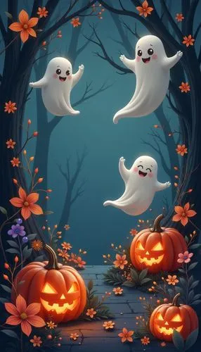 halloween wallpaper,
Design a playful Halloween phone pattern with cute ghost shapes 3D, vibrant pumpkins, and whimsical flowers scattered among swirling vines. The color palette should emphasize autu