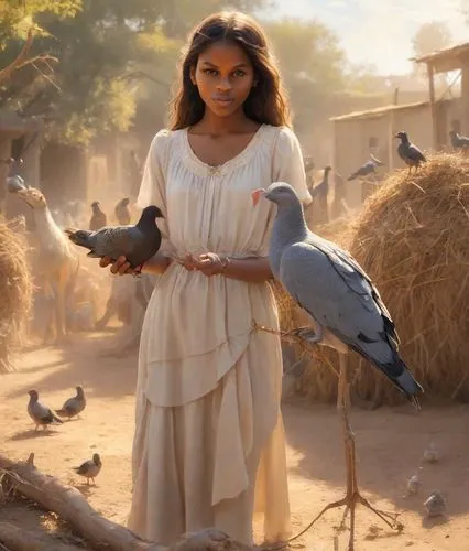 As the sun breaks through the savannah, a young girl with long brown hair perches on a branch of a large, menacing pigeon. She perches amused as she nibbles on a carrot. But instead of a traditional g