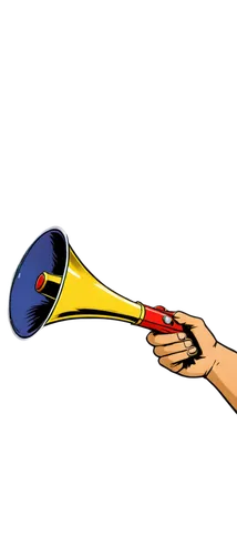 Megaphone, cartoon style, shiny metal material, rounded shape, golden handle, black mouthpiece, colorful buttons, dynamic pose, holding in hand, pointing forward, bold lines, bright colors, comic book