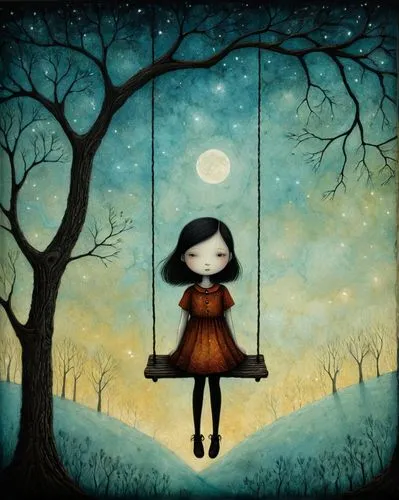 hanging moon,girl with tree,moonbeams,the girl next to the tree, silhouette,dreamer,Illustration,Abstract Fantasy,Abstract Fantasy 19