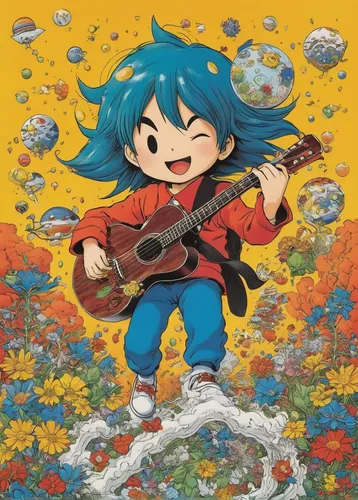 haruhi suzumiya sos brigade,sakana,violinist violinist of the moon,2d,guitar,dizzy,falling flowers,shirakami-sanchi,blue birds and blossom,furikake,ukulele,pixaba,concert guitar,playing the guitar,blue petals,ganai,ashitaba,fiori,music book,rosa ' amber cover,Illustration,Japanese style,Japanese Style 11