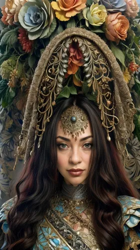 girl in a wreath,merida,fantasy portrait,miss circassian,celtic queen,fantasy art,the enchantress,artemisia,the carnival of venice,fantasy woman,wreath of flowers,iranian nowruz,fantasy picture,portrait background,russian folk style,warrior woman,novruz,golden wreath,elven flower,girl in flowers