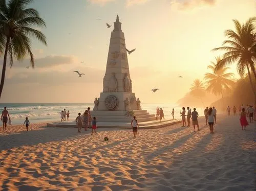 Interactive beach space, sandy dunes, monumental sculptures, sunset time, warm golden light, gentle sea breeze, crashing waves, seagulls flying overhead, a few palm trees swaying, colorful beach balls