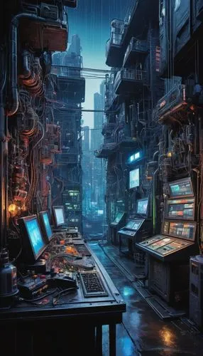 cyberpunk,cyberspace,computer room,the server room,sci fi surgery room,computer,laboratory,cyber,sci fiction illustration,kowloon city,circuitry,kowloon,computer art,cybernetics,computer store,electronic market,shinjuku,scifi,barebone computer,virtual world,Illustration,Abstract Fantasy,Abstract Fantasy 08