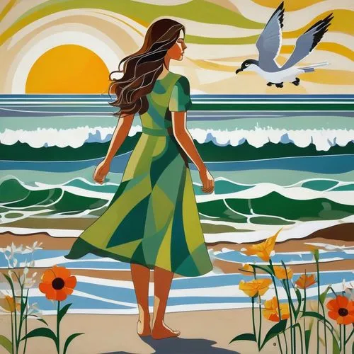 seaside daisy,sea beach-marigold,flower and bird illustration,beach background,girl in a long dress,art deco woman,sewing silhouettes,carol colman,seashore,girl on the dune,summer clip art,beach landscape,spartina,art deco background,little girl in wind,woman silhouette,beachcombers,mousseau,beachcombing,sun and sea,Art,Artistic Painting,Artistic Painting 44