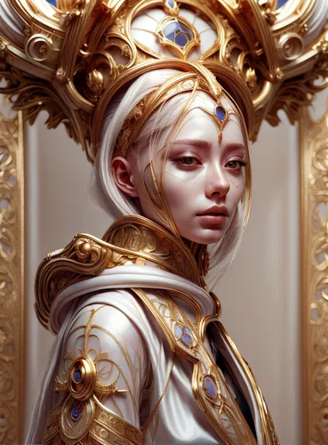 golden crown,fantasy portrait,gold crown,paladin,jaya,golden wreath,priestess,zodiac sign libra,imperial crown,emperor,gold foil crown,mary-gold,libra,baroque angel,gilding,lux,golden mask,gold leaf,gold filigree,fantasy art