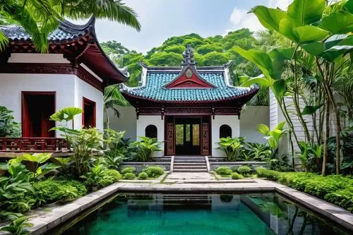 asian architecture,peranakan,taman ayun temple,water palace,tropical house,buddhist temple,vietnam,holiday villa,baan,tailandia,peranakans,amanresorts,pool house,javanese traditional house,bali,thai temple,seminyak,white temple,beautiful home,songkok,Illustration,Retro,Retro 15