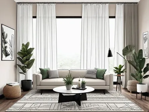 modern decor,contemporary decor,livingroom,living room,apartment lounge,modern living room,interior decor,interior decoration,interior design,modern room,house plants,interior modern design,sitting room,home interior,3d rendering,bamboo curtain,bamboo plants,berkus,modern minimalist lounge,houseplants,Illustration,Black and White,Black and White 04