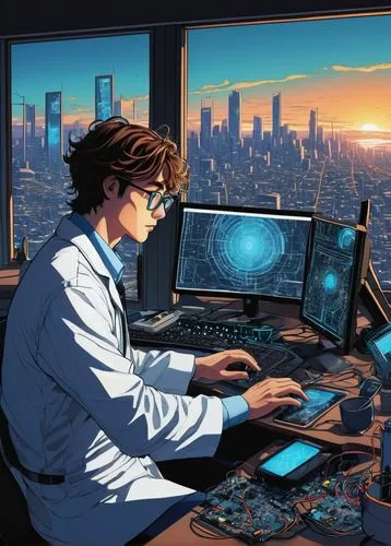 hausser,cybertrader,otacon,man with a computer,shinra,computerologist,meijin,jarvis,cybercity,oscorp,schuitema,cybertown,sci fiction illustration,cyberscene,cyberworks,modern office,night administrator,schuiten,cyberview,cyberworld,Illustration,Japanese style,Japanese Style 15