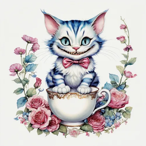 tea party cat,porcelaine,watercolor cat,teacup,cat drinking tea,flower cat,girl with cereal bowl,blue and white porcelain,chinaware,enamel cup,alice in wonderland,vintage china,blossom kitten,fine china,cheshire,vintage cat,eglantine,cup and saucer,chamber pot,cat coffee,Illustration,Abstract Fantasy,Abstract Fantasy 11