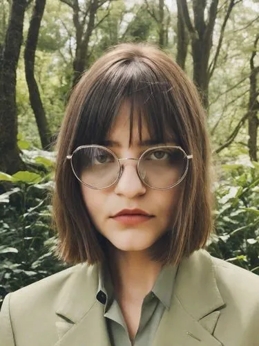 librarian,mari makinami,with glasses,silver framed glasses,bangs,glasses,pond lenses,fuki,asymmetric cut,park ranger,bob cut,eyewear,spectacles,shirakami-sanchi,biologist,bowl cut,eye glass accessory,lily-rose melody depp,stitch frames,bjork,Photography,Realistic