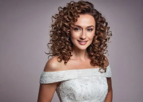 Hungarian celebrity, Justina Szilágyi, solo, beautiful detailed face, curly brown hair, natural makeup, elegant white dress, high heels, confident posture, studio background, softbox lighting, 3/4 com