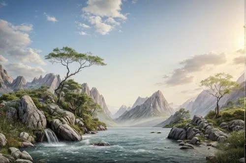 fantasy landscape,landscape background,karst landscape,river landscape,mountainous landscape,an island far away landscape,cartoon video game background,background view nature,virtual landscape,fantasy