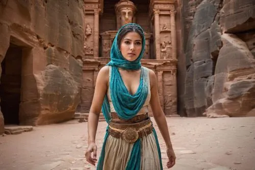 full torso portrait, ((a beautiful latin woman)) in Al Khazneh, The Treasury of Petra, professional photography, Documental photography, fine details, shot with a Zeiss Otus 55 mm lens F/4, best quali