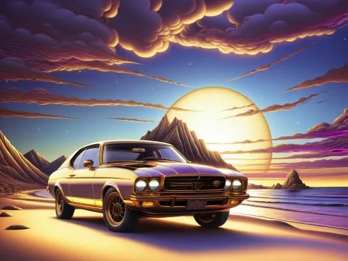 a colorful painting of a mustang parked on the beach,3d car wallpaper,muscle car cartoon,car wallpapers,cartoon video game background,retro background,desert safari,Illustration,Realistic Fantasy,Real