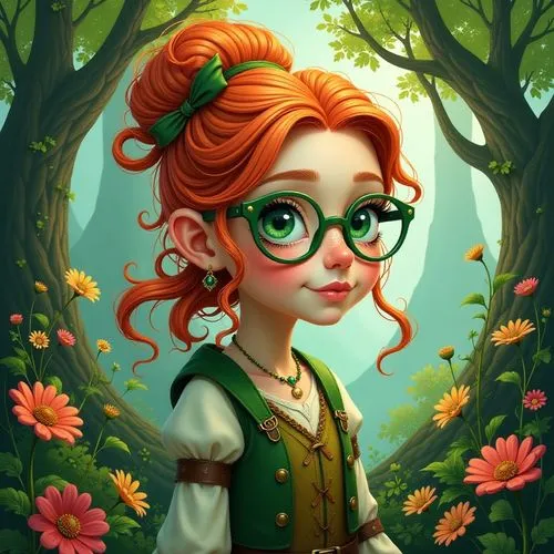 Female hobbit with curly orange locks, pulled up in a whimsical updo, large green spectacles perched on the end of her nose, with matching green freckles dotting her cheeks and nose, in a serene, myst