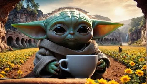 yoda,cg artwork,tea zen,boba,goblin,selfie,fantasy picture,starwars,yogi,tea,children's background,wicket,tea drinking,fgoblin,star wars,et,cgi,sphynx,elf,3d fantasy