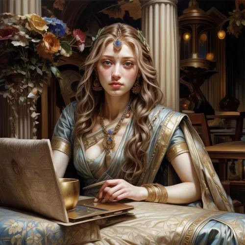 margairaz,elona,margaery,fantasy portrait,fantasy art,ellinor,sigyn,girl at the computer,world digital painting,oerth,noblewoman,isolde,iconographer,theodora,seregil,rosaria,lysa,fantasy picture,frigga,artemisia