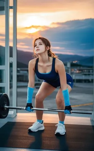 a photography full body of a beautiful caucasian girl 23 years old, brown hair, blue eyes, wearing a blue top and black jogging whit blackk gloves and white sport shoes  stand up in a modern gym at su