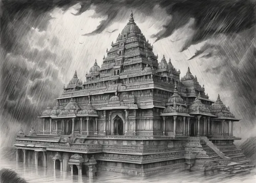 Transport yourself to Suvarna Mandir on a stormy night, with thunder rumbling and rain pouring down, creating an eerie atmosphere.,hindu temple,sea shore temple,jain temple,temple,sangharaja,nityakaly