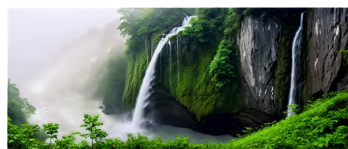 Waterfall, lush green vegetation, misty atmosphere, sunlight filtering through mist, rocky cliff, cascading water, white foam, gentle flow, serene ambiance, panoramic view, soft focus, warm color tone