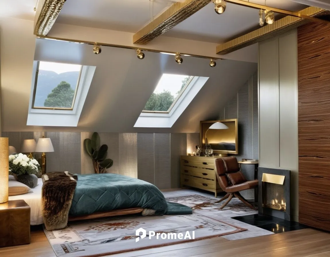 a modern looking bedroom features high ceilings, flooring and furniture,inverted cottage,velux,attic,modern room,wooden beams,loft,Photography,General,Realistic