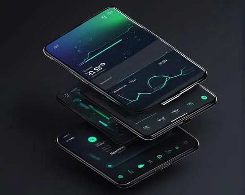 Android app, futuristic, sleek, minimalistic, 3D holographic interface, neon lights, metallic accents, circular buttons, digital clock, notification shade, settings icon, navigation drawer, action bar