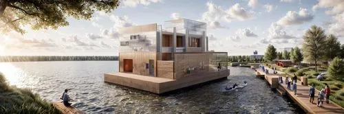 cube stilt houses,house with lake,lifeguard tower,hydropower plant,floating huts,3d rendering,houseboat,cubic house,house by the water,stilt houses,floating island,observation tower,render,egyptian temple,floating islands,savonlinna,arkitekter,stilt house,seasteading,artificial islands