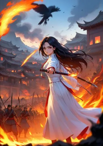 A lone, determined warrior woman in a flowing white qipao, her long, raven hair whipping in the wind, stands defiantly amidst a burning village. A hundred enemy soldiers behind , their eyes filled wit