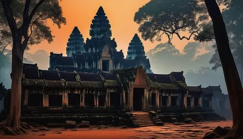 Mysterious ancient ruins, Maha 5 temple, Angkor Wat-inspired architecture, intricate carvings, vines crawling up stone walls, mysterious artifacts scattered around, golden statues of ancient gods, tor