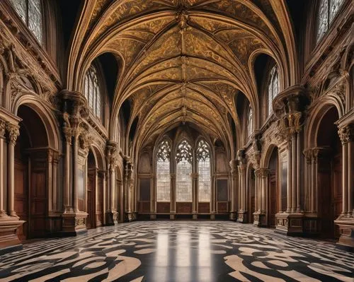 neogothic,haunted cathedral,cathedrals,transept,notre dame,cloistered,symmetrical,empty interior,vaulted ceiling,cloisters,cathedral,sacred geometry,the center of symmetry,quire,archness,gothic church,hall of the fallen,sanctuary,ceilinged,louvain,Illustration,American Style,American Style 15