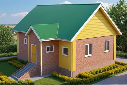 Small church school. Green roof made of corrugated sheet. Walls made of yellow siding. Brick base. Wooden steps.,a red brick and green roof building with shrubs,houses clipart,miniature house,small ho