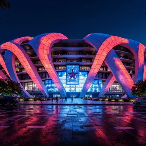 Vibrant stadium facade, dynamic curves, bold angular lines, futuristic expressionist architecture, neon-lit LED lights, abstract geometric patterns, irregular shapes, clashing colors, distorted propor