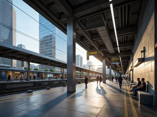 Modern train station, sleek glass facades, stainless steel columns, polished concrete floors, anodized aluminum accents, LED lighting systems, minimalist benches, futuristic digital displays, dynamic 