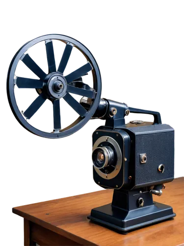 Retro 8mm film projector, vintage device, metal body, rounded shape, lens in front, reel on top, wooden table, old-fashioned lamp nearby, warm lighting, soft focus, shallow depth of field, nostalgic a