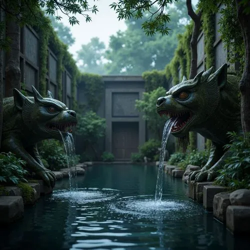 koi pond,3d render,3d fantasy,watership,3d rendered,frog background,japanese garden ornament,garden pond,wishing well,basilisks,dragons,dragon palace hotel,3d rendering,ryokan,dojo,verdant,qingcheng,fountain pond,garden statues,green waterfall