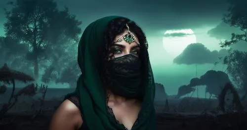 
 nude Beautiful arab girl, full dark curly hair, big green eyes, full black lips, misty sky,a woman wearing an ethnic outfit is standing in the woods with her face painted like a demon,purdah,niqab,t