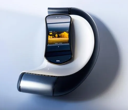 饱满的曲面，高级感,the cell phone sits in the holder, and has earbuds attached,bluetooth headset,oticon,tape dispenser,wireless headset,viewphone,videophone,Photography,General,Realistic