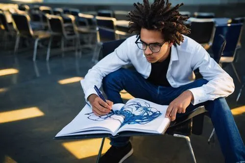 Architecture student, messy hair, thick black glasses, white shirt with pen marks, dark blue jeans, sneakers, holding a weird futuristic product, irregular shape, glowing blue lines, metallic material