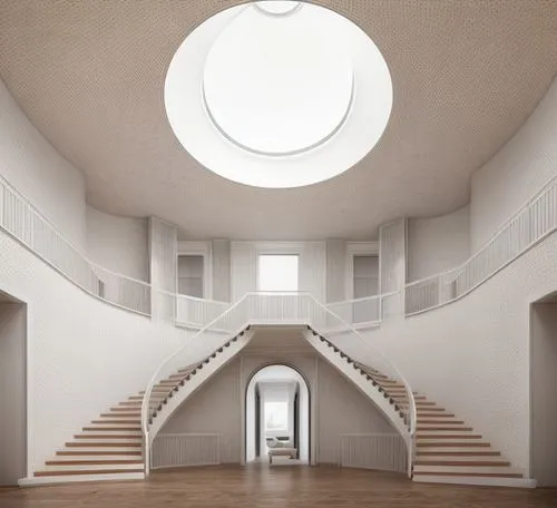 circular staircase,winding staircase,staircase,outside staircase,daylighting,stairwell,spiral staircase,vaulted ceiling,3d rendering,white room,hallway space,spiral stairs,stairway,ceiling construction,entrance hall,archidaily,kirrarchitecture,convex,sky space concept,skylight,Interior Design,Living room,Modern,French Minimalist